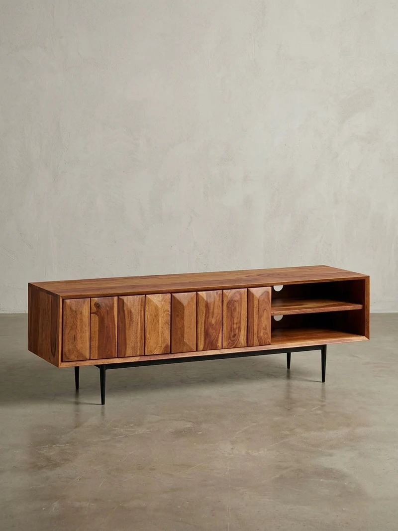 Lowboard Massivholz Modern Stil für 55-Zoll Fernseher Push-to-Open mit Edelstahlbeinen