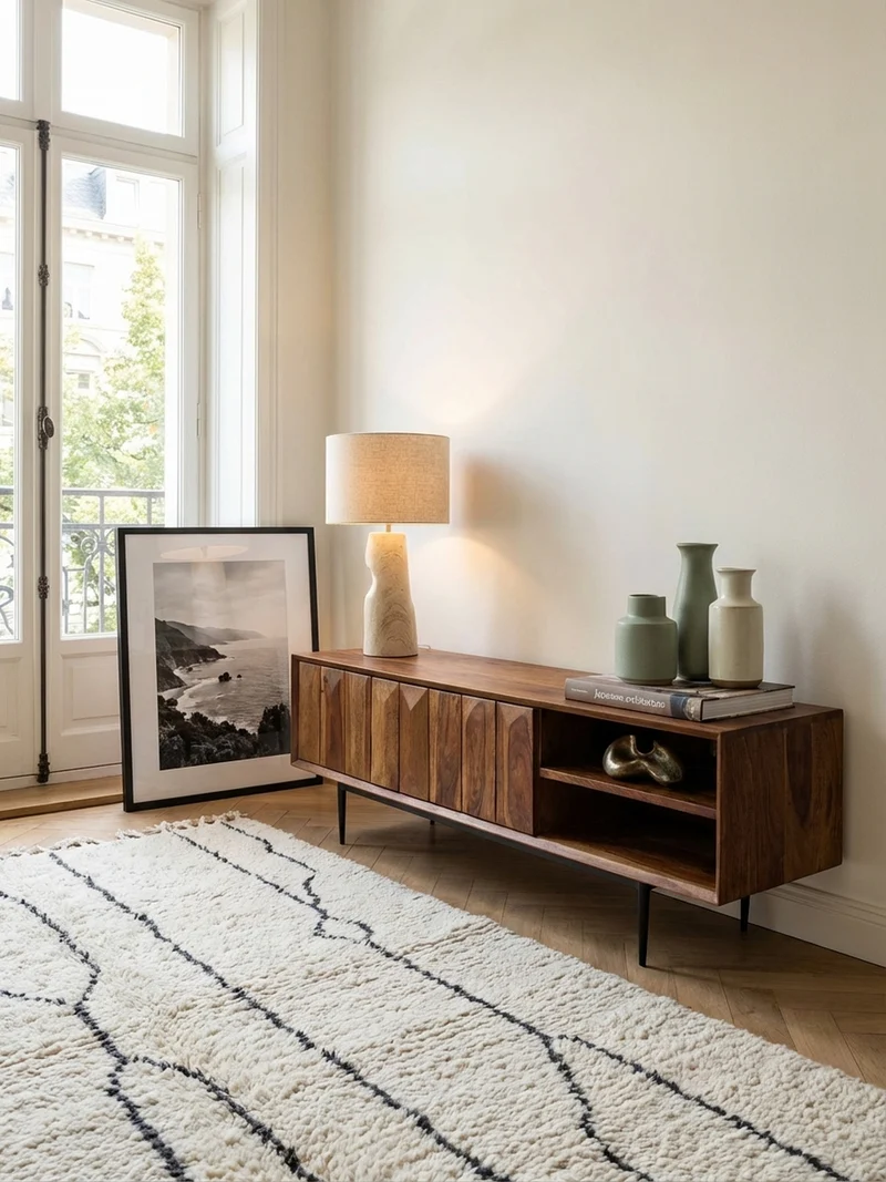 Lowboard Massivholz Modern Stil für 55-Zoll Fernseher Push-to-Open mit Edelstahlbeinen