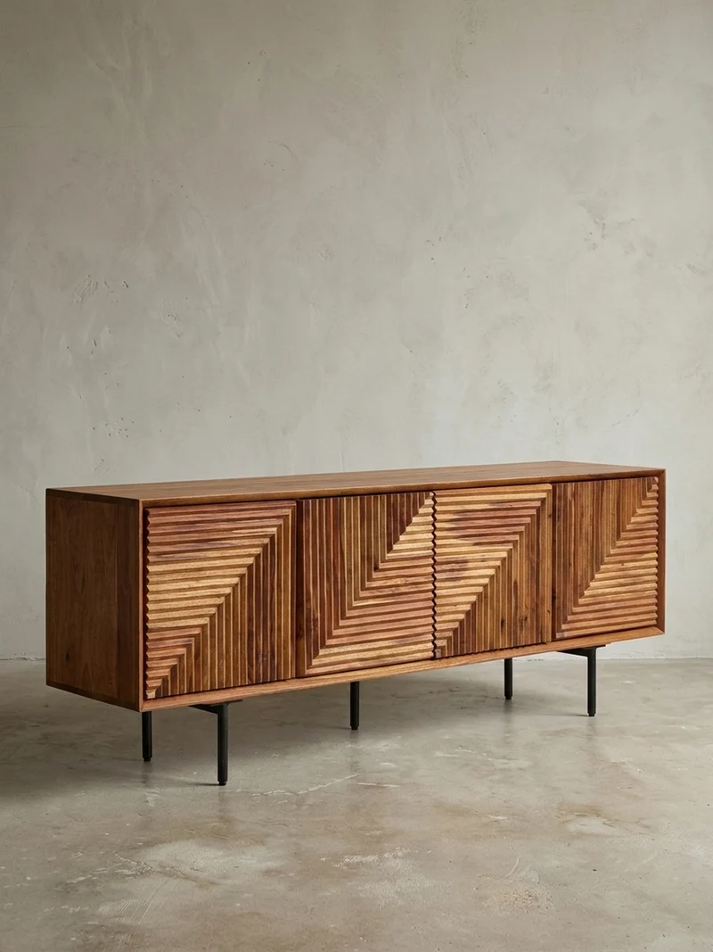 Lowboard Massivholz Modern Stil Modell Spectrum mit 3D-Oberfläche und Edelstahl-Gestell
