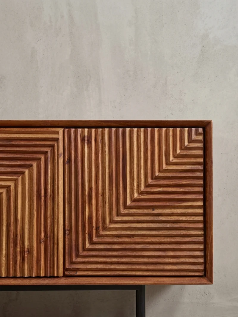 Lowboard Massivholz Modern Stil Modell Spectrum mit 3D-Oberfläche und Edelstahl-Gestell