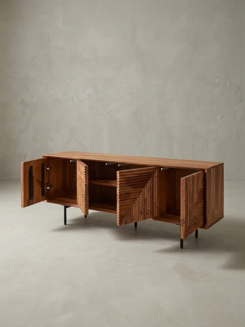 Lowboard Massivholz Modern Stil Modell Spectrum mit 3D-Oberfläche und Edelstahl-Gestell
