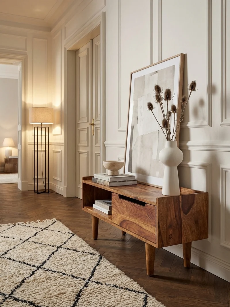 Lowboard Massivholz Modern Stil für Fernseher bis 50 Zoll mit Schiebetür und 2 Fächern