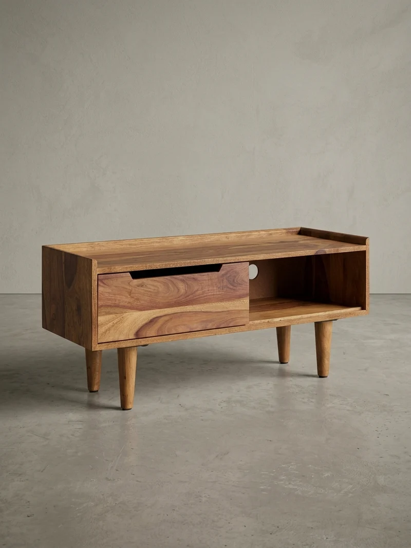 Lowboard Massivholz Modern Stil für Fernseher bis 50 Zoll mit Schiebetür und 2 Fächern